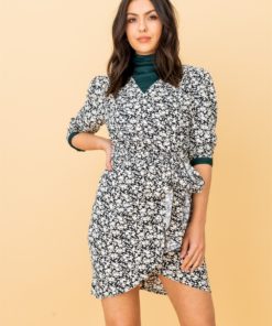 Ditsy Floral Wrap Dress With Tie in Cream and Black